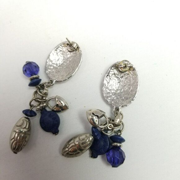 Vintage Blue and Silver Tone Dangle Stud Earrings, Western 80s Style, Estate - Picture 3 of 6